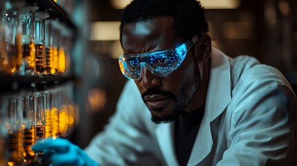 Scientist Utilizing Futuristic Simulations to Predict Experimental Outcomes in Sleek High Tech Lab