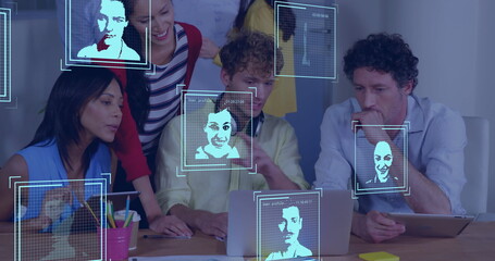 Image of digital biometric photos over diverse business people in office