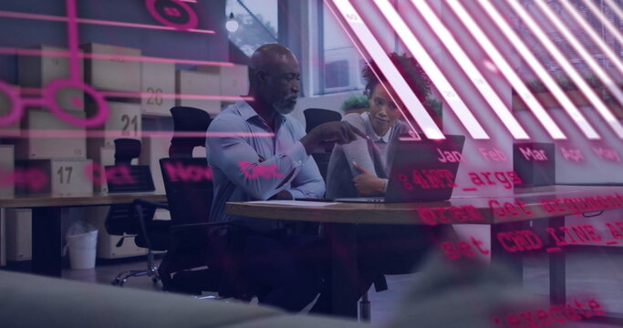 Image of financial data processing over diverse colleagues discussing work in office