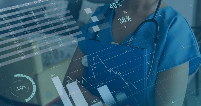 Image of data processing and diagrams over caucasian female doctor smiling
