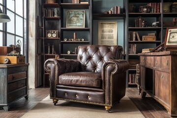 Naklejka premium Vintage Brown Leather Armchair in a Luxurious Study