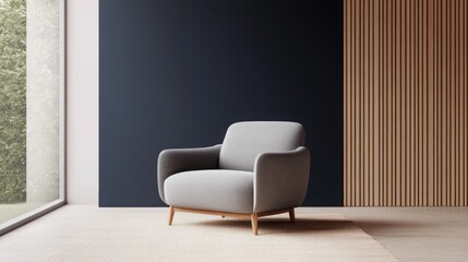 A sleek, modern living room featuring a deep navy blue wall with vertical lines and light oak wood paneling on the bottom.