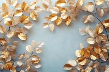 Golden and metallic leaves artfully arranged on a subtle blue backdrop, creating a sophisticated and aesthetic display representative of contemporary and artistic elegance