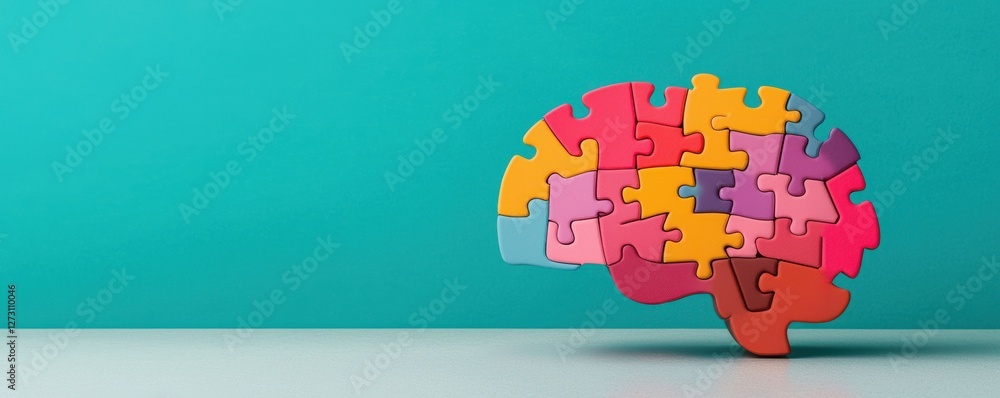Poster colorful puzzle brain concept symbolizing creativity, intelligence, and problem solving skills in mo