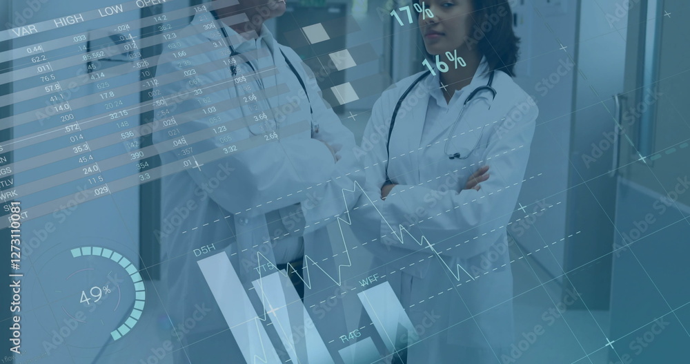Poster image of data processing and diagrams over diverse doctors smiling