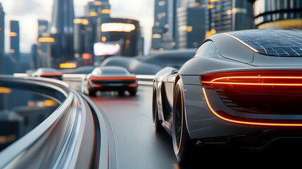 Futuristic ai-controlled cars merging seamlessly on a high-tech city highway digital artwork urban environment dynamic perspective