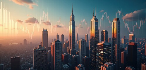 Fototapeta premium A stunning aerial view of a city skyline at sunset, featuring financial data overlays, symbolizing growth, innovation, and urban development.