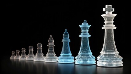 Wireframe Chess Pieces Glowing on Reflective Surface