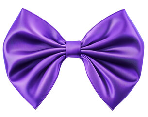A royal purple ribbon bow with a smooth and shiny appearance on the solid white background.