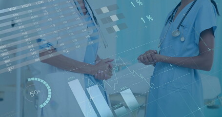 Image of data processing and diagrams over diverse female doctors talking