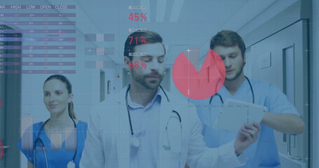 Image of data processing and diagrams over caucasian doctors walking and using tablet