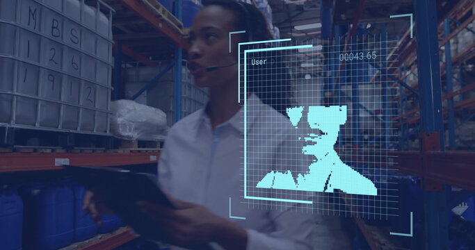 Image of biometric photos and data over biracial businesswoman working in warehouse