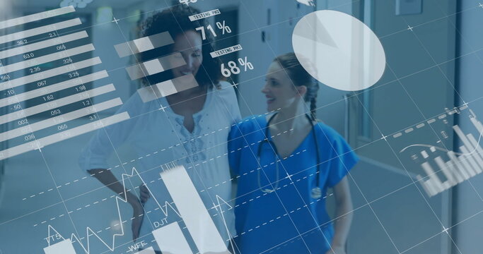 Image of data processing and diagrams over diverse female doctor and patient walking