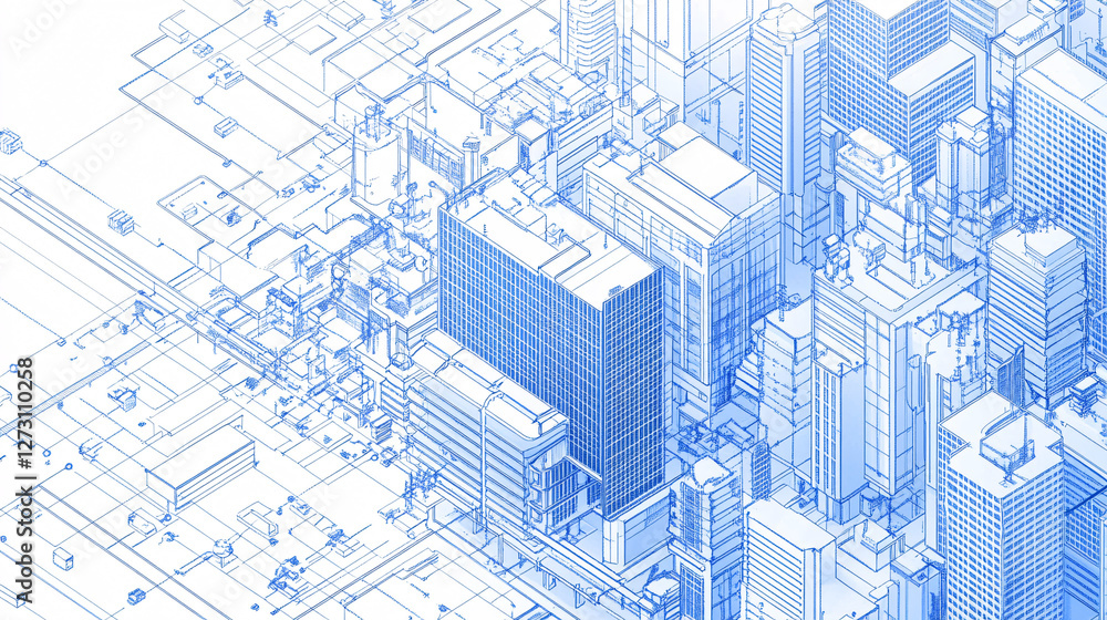Poster detailed isometric blueprint of a futuristic city with intricate architectural structures and digita