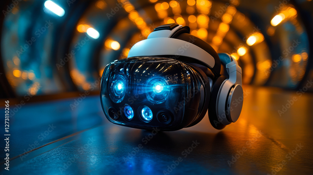 Poster futuristic virtual reality headset with illuminated lenses in tech-infused environment reflecting vr