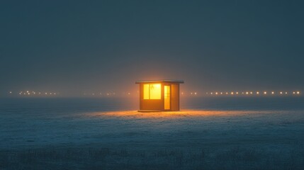 Illuminated shelter, snowy field, night, distant lights, solitude