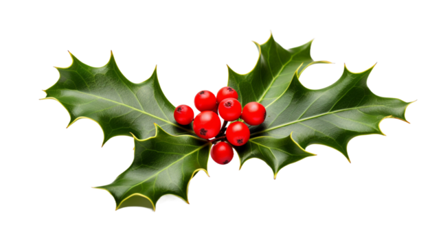 Holly leaves with red berries on a transparent background PNG.