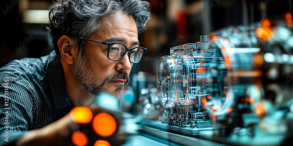 Poster engineer interacting with augmented reality hologram display in precision technology environment