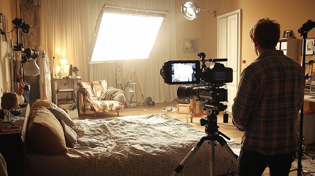 Filmmaker shoots bedroom scene with professional lighting equipment.