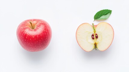 Red apple, sliced, leaf, white background, healthy food