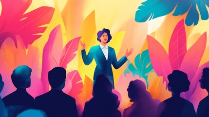 Confident Leader Speaking to Team in Vibrant Tropical Setting