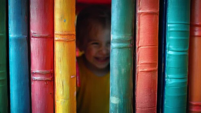 A child peeking through a gap in colorful books, their innocent face framed by vibrant book spines.