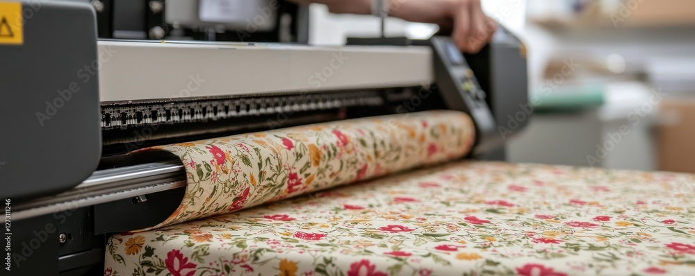 Poster close-up of textile printing machine with floral patterned fabric being processed in a modern worksh
