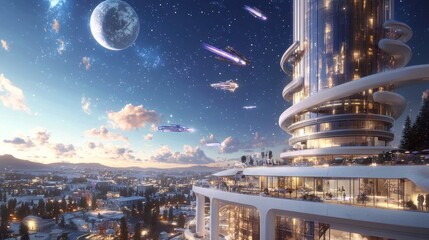 Futuristic Cityscape: A Nighttime View of a Modern Skyscraper under a Starry Sky with Spaceships - obrazy, fototapety, plakaty