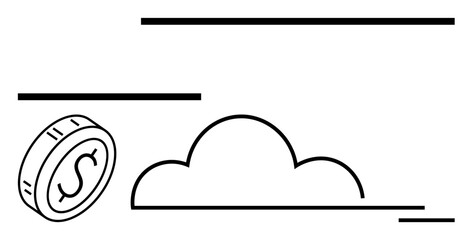 Coin with a dollar sign beside a cloud and minimal straight lines. Ideal for finance, technology, cloud storage, digital currency, fintech, abstract economics, abstract line flat metaphor