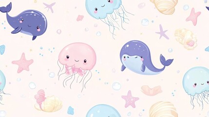 Seamless Cute Marine Creatures Pattern with Whales, Jellyfish, and Sea Shells