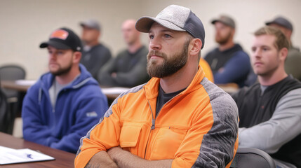 A safety training session where construction workers are briefed on emergency procedures