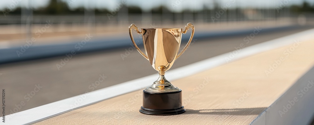 Poster golden trophy shining on a table in an outdoor setting with soft background blur