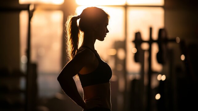 Determined Woman's Silhouette Against Glowing Background in Gym