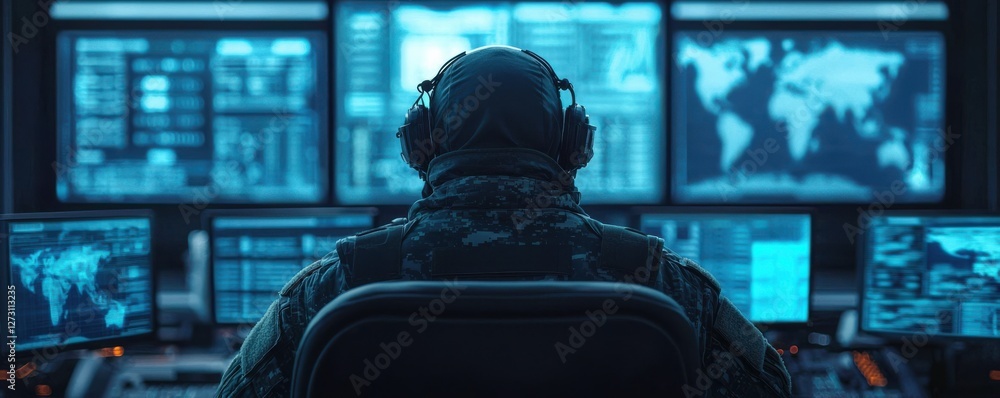 Poster soldier at a high-tech control center monitoring strategic data and global situations with digital i