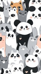 Seamless Charming Cartoon Cats and Pandas with Whimsical Expression in a Playful Pattern Artwork