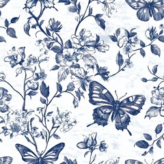 Garden Toile Seamless Pattern with Butterflies Bees Blooming Flowers