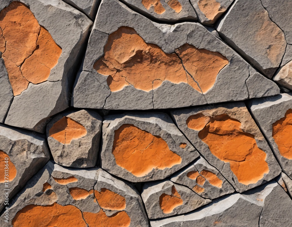 Poster Stone Mosaic Texture. Gray Rock Surface. Striking Orange Patches Creating Visual Contrast. Natural Rugged Appearance with Cracks. Dynamic Lighting Enhancing Textures and Colors. Great for Backgrounds.