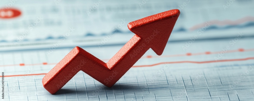 Poster red arrow indicating growth and positive trend on financial chart with data analysis background