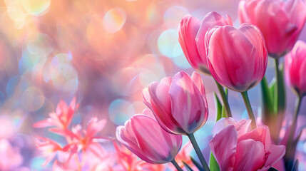 Obraz premium Soft pink tulips bloom in a dreamy, pastel-colored setting with a gentle bokeh effect in the background. The delicate petals and vibrant green stems create a serene and romantic spring atmosphere.