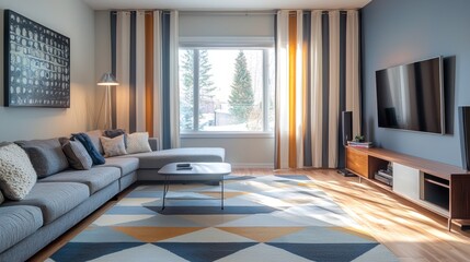Modern Living Room Interior Design with Geometric Rug and Large Window