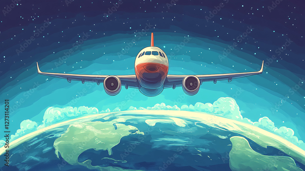 Wall mural front-facing airplane soaring above earth with a cosmic star-filled background blending realism and 