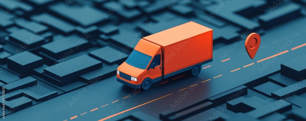 Poster orange delivery van on a three-dimensional urban map with geolocation pin and road network elements