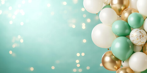Festive balloon arrangement with gold and mint green colors against soft sparkling bokeh background