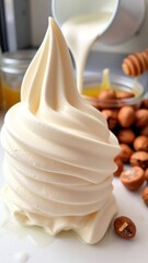 Close-up of smooth soft serve with a creamy liquid being poured, accompanied by hazelnuts and honey, inviting indulgence and satisfaction.