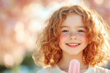 Happy caucasian child with curly hair holding pink popsicle in sunny blooming garden