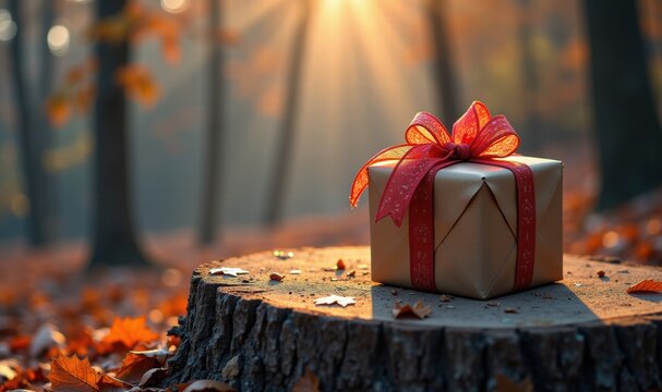 A beautifully wrapped gift box resting on a tree stump in a serene autumn forest, capturing the essence of giving and celebration in a seasonal setting.