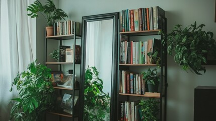 Cozy Reading Nook with Lush Greenery and Bookshelves