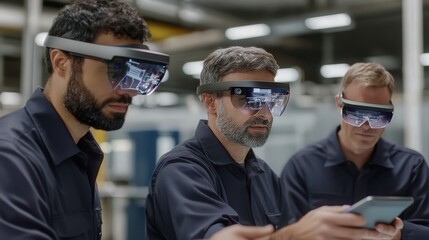 A team of engineers wearing smart glasses collaborating on a holographic blueprint of a megaproject