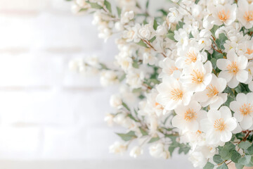 Fototapeta premium Elegant white jasmine blossoms on lush green foliage representing purity and serenity in minimalistic natural setting