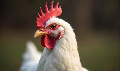 Fototapeta premium A close-up of a vibrant white chicken, showcasing its detailed features and colorful crest, ideal for agricultural or culinary themes.